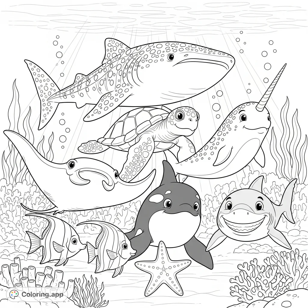 An adorable underwater group photo featuring a whale shark, sea turtle, narwhal, and more friendly sea creatures, perfect for a fun coloring adventure.