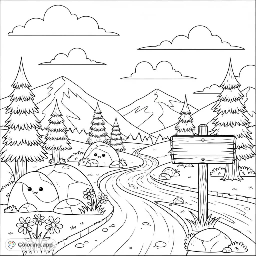 Explore a serene nature landscape featuring a winding mountain trail, friendly pine trees, wildflowers, and a gentle stream, perfect for mindful coloring.