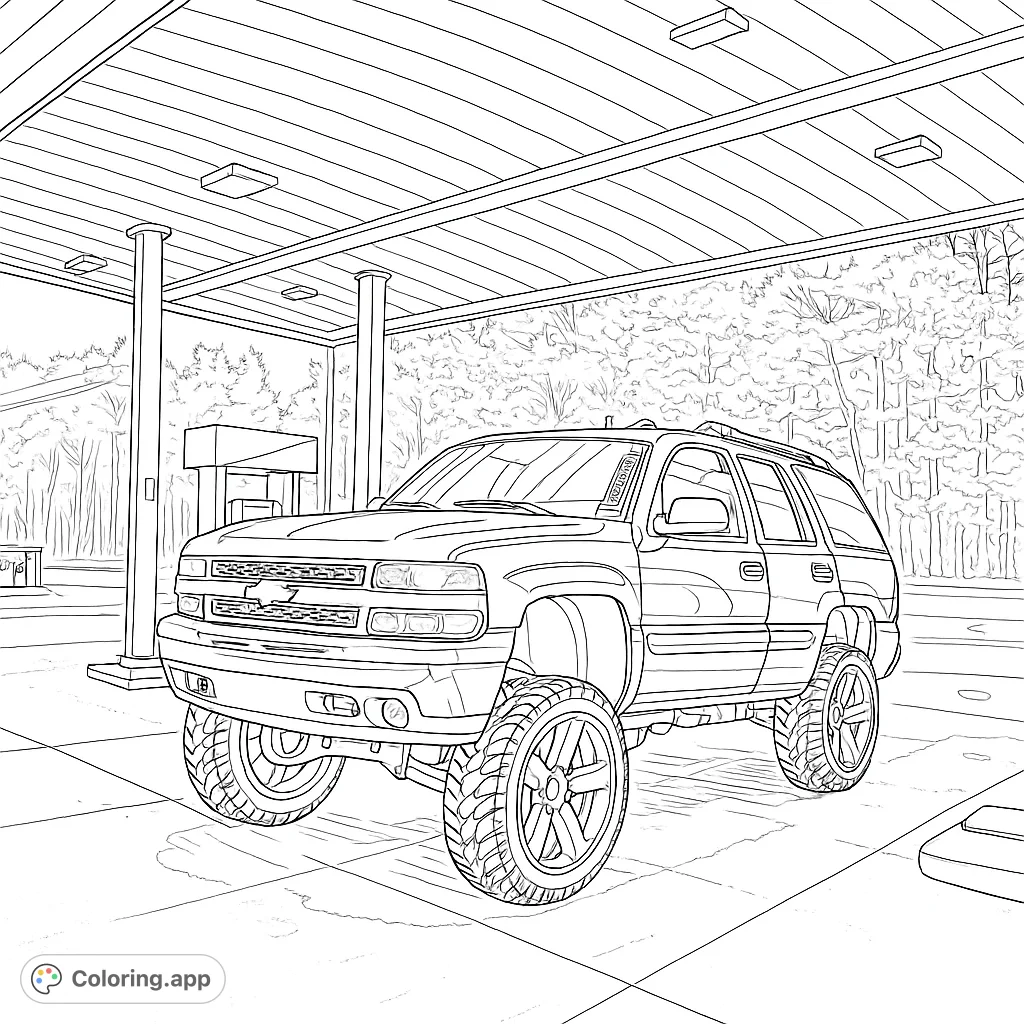 Color a powerful lifted SUV with custom wheels and suspension at a gas station. Perfect for automotive enthusiasts and those who love detailed vehicles.