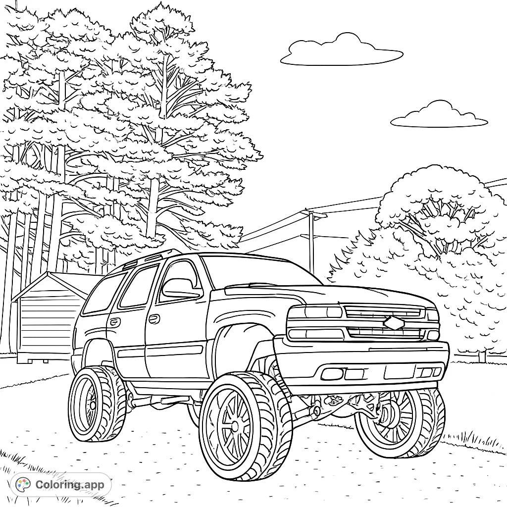 Color a powerful lifted SUV with custom wheels on a gravel driveway, surrounded by trees and a clear sky. Perfect for vehicle enthusiasts.