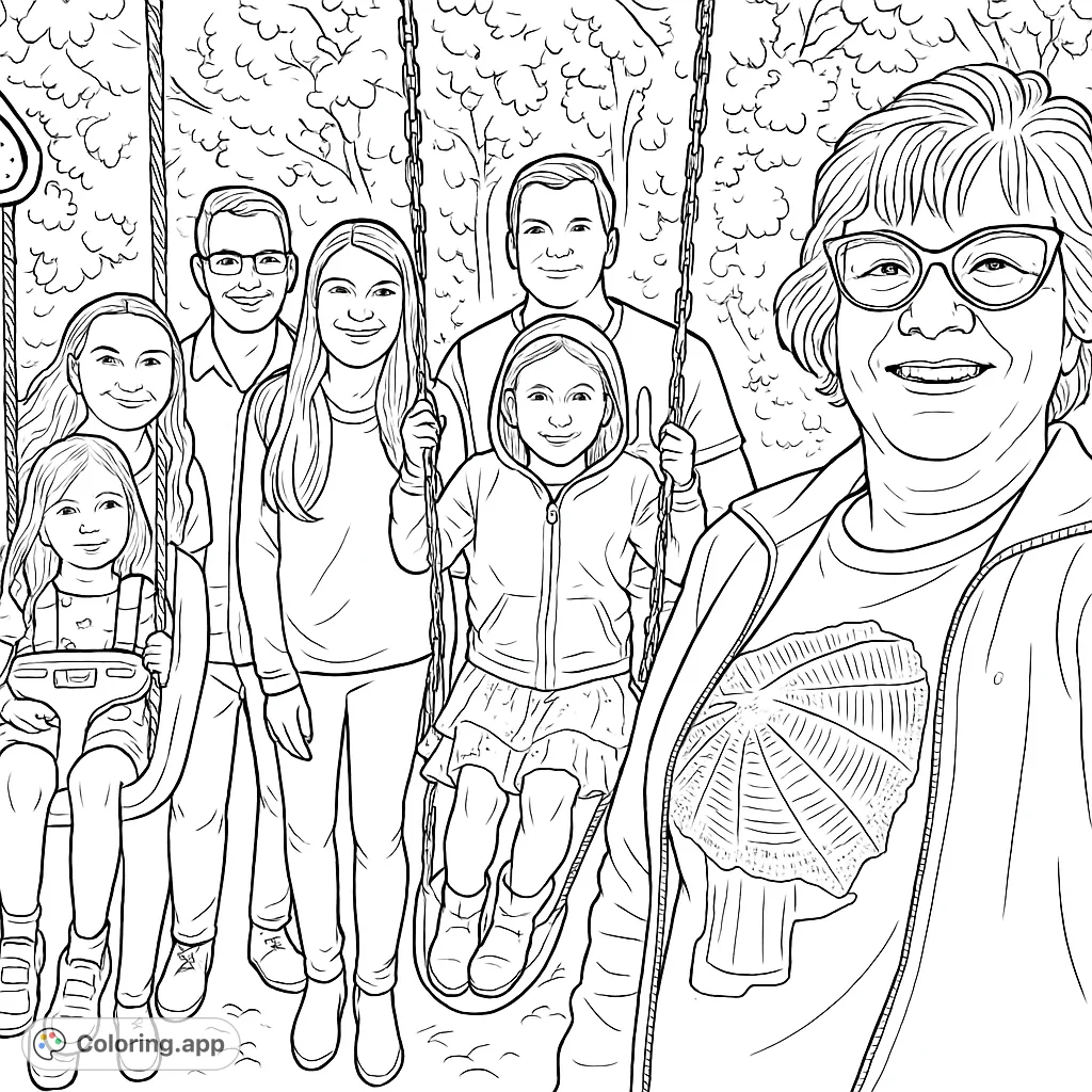 A heartwarming family coloring page featuring multiple generations enjoying a swing set outdoors. Perfect for celebrating family bonds and creating cherished memories.