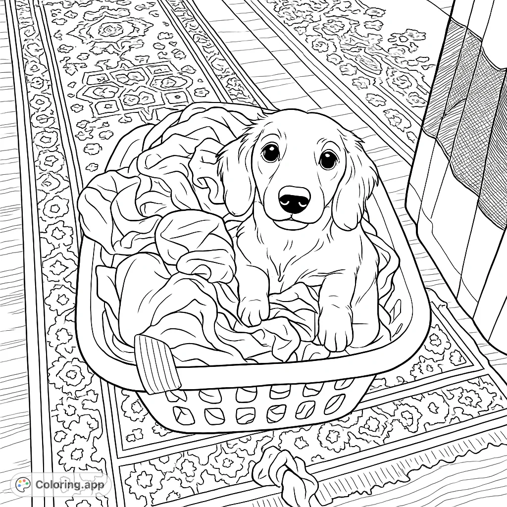 Adorable long-haired puppy peeking from a laundry basket filled with clothes, set against a patterned rug. A charming dog coloring page.