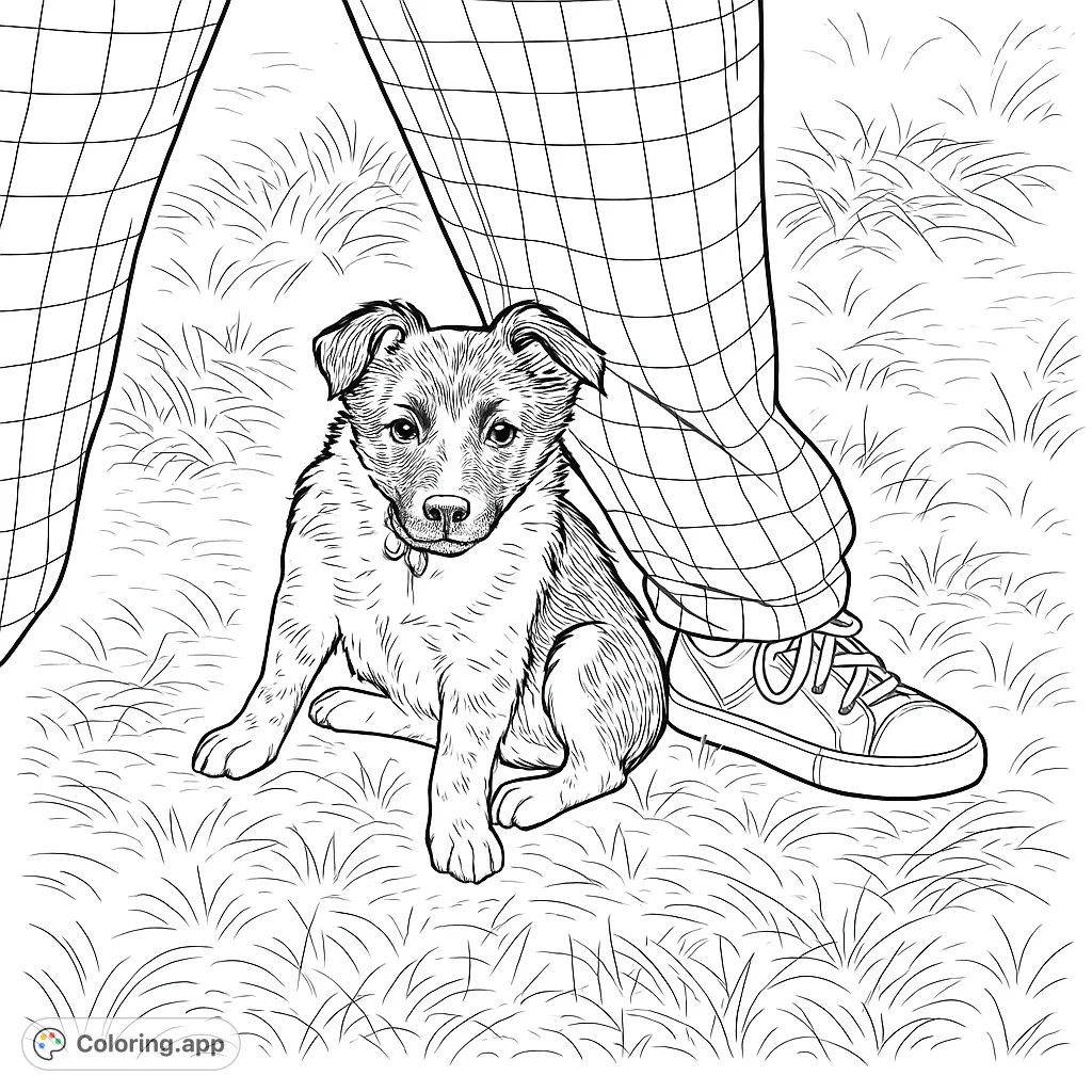 An adorable fluffy puppy sits patiently on a grassy patch, nestled between the legs of a person wearing patterned pants. A charming scene for all ages.