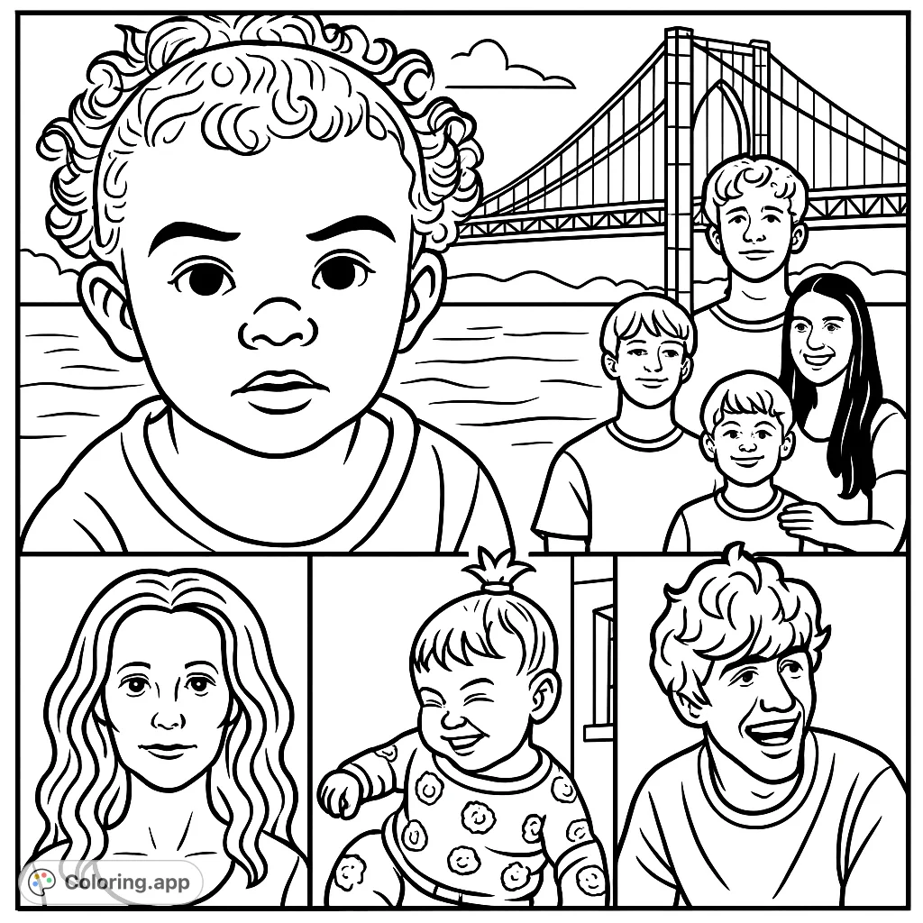 A fun, cartoony coloring page featuring diverse characters against the iconic Hudson River bridge. Perfect for all ages to personalize!