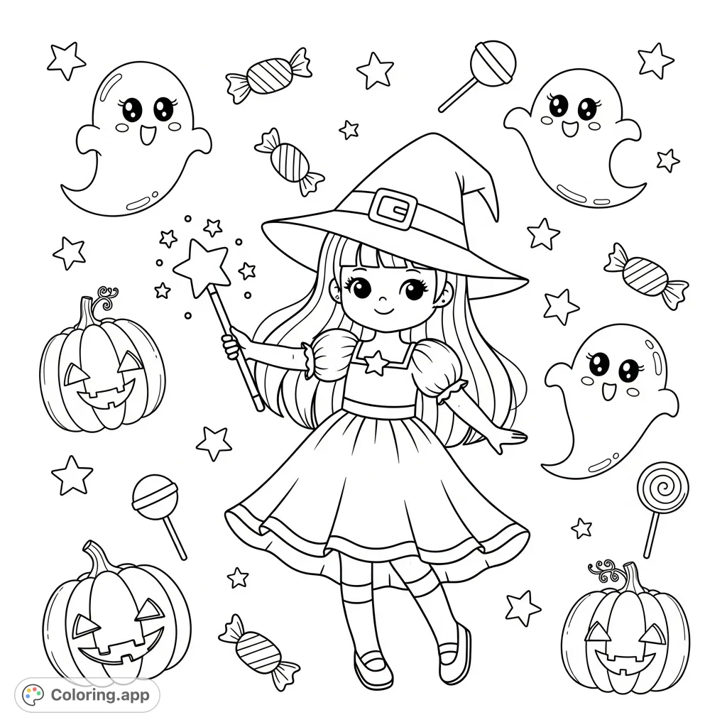 A charming Kawaii magical girl in a witch hat, holding a magic wand, surrounded by cute pumpkins, ghosts, stars, and candies. Perfect for Halloween fun!