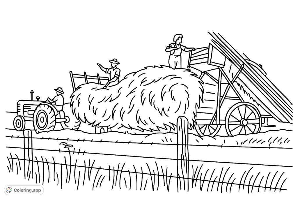 Experience a classic farm scene with a tractor, hay wagon, and workers harvesting hay. A simple, engaging farm life coloring page for all ages.