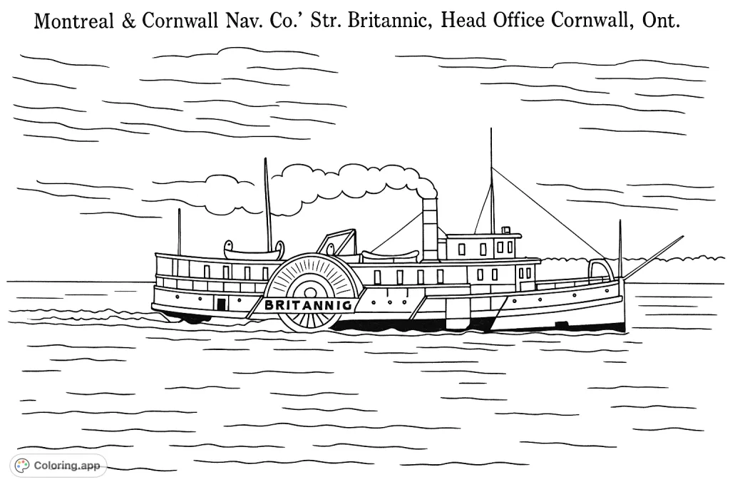Color a historic paddle steamer, the Britannic, as it glides across the water. This detailed vintage vessel offers a captivating journey through maritime history for all ages.