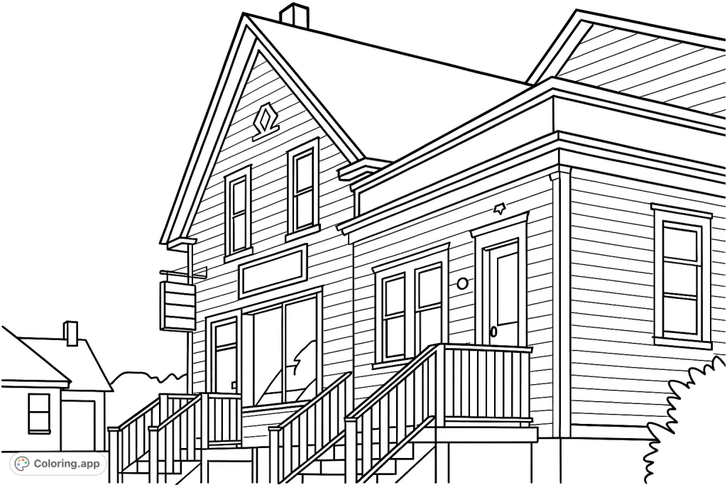 Step back in time with this detailed historic storefront coloring page. Features a charming old building with a porch, large window, and classic architecture.