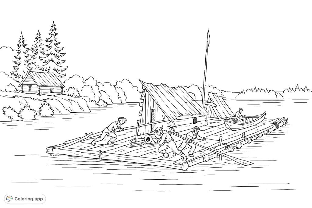 Embark on a historical river journey with this detailed raft scene. Features a rustic cabin, figures, and a vast landscape, perfect for a captivating coloring adventure.