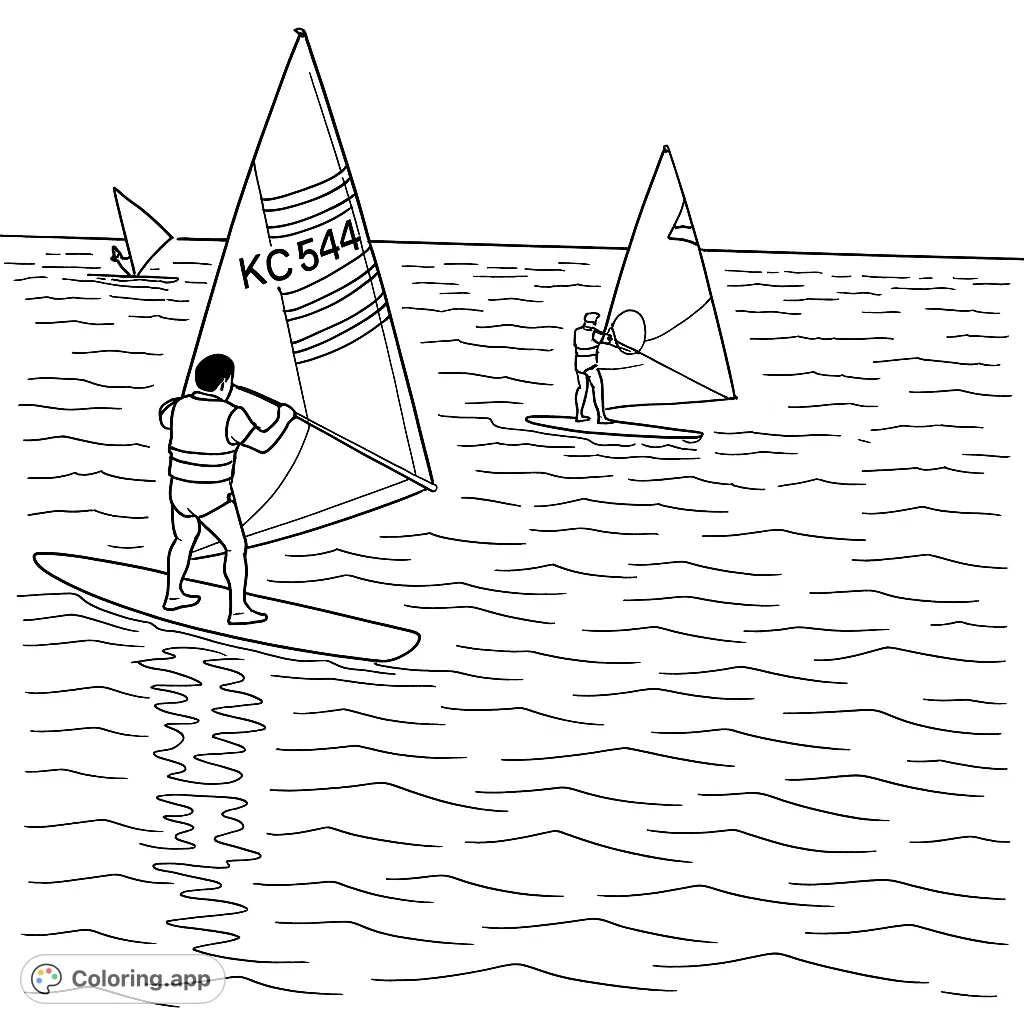Dynamic sailboard race scene with two figures navigating the open water. Features detailed sails and rippling water, perfect for a fun coloring challenge.