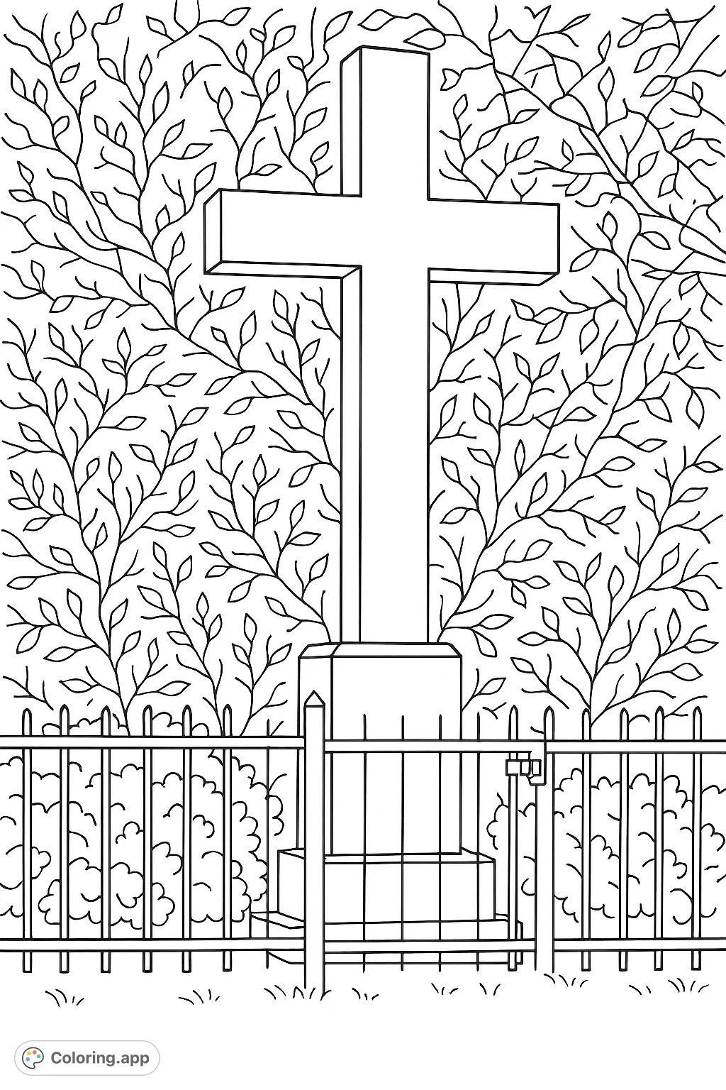 A simple stone cross stands tall amidst lush foliage, framed by a rustic fence. A peaceful scene for mindful coloring.
