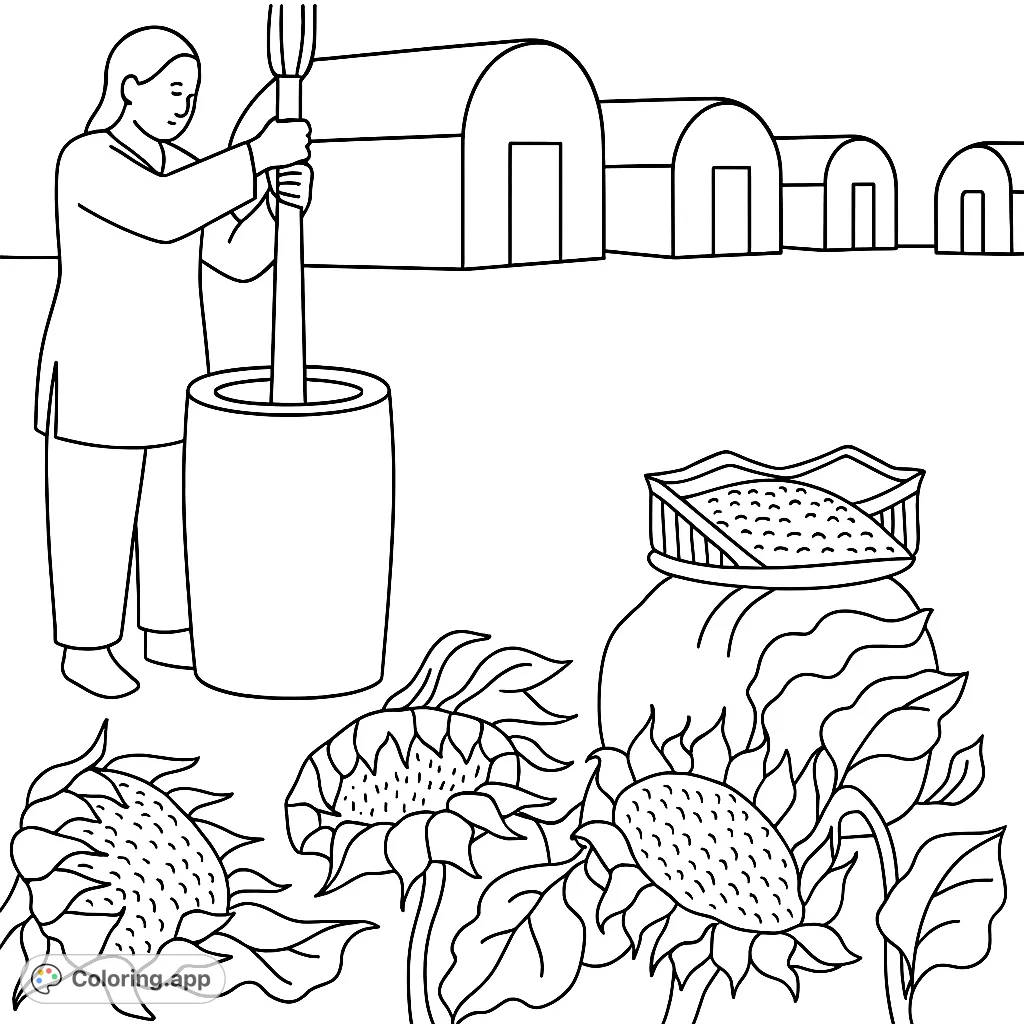 Explore a traditional scene featuring a person using a mortar and pestle, surrounded by large plant heads and rustic dwellings. A simple, engaging coloring page.