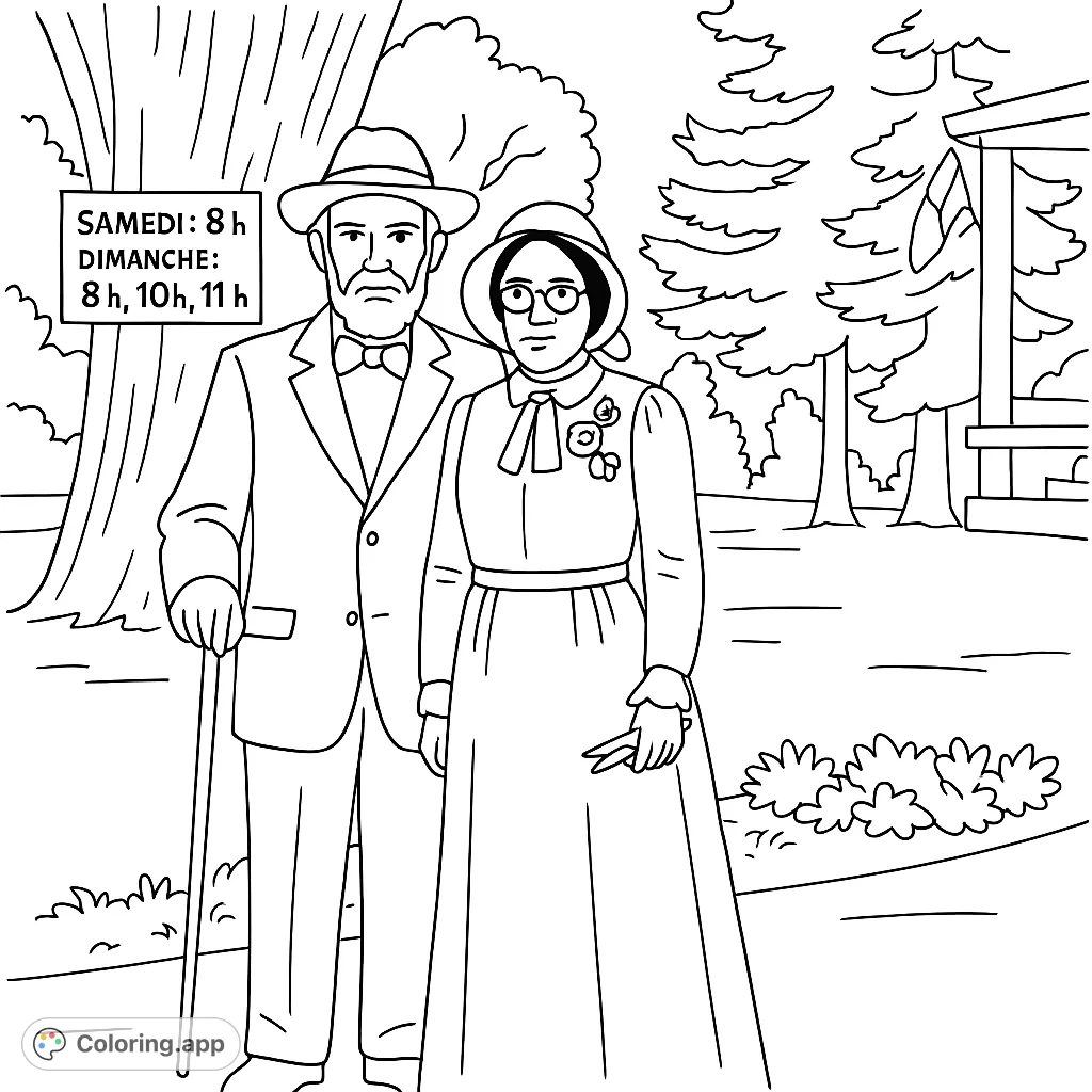 Step back in time with this vintage couple coloring page. A formally dressed man and woman stand outdoors, perfect for historical enthusiasts and creative expression.