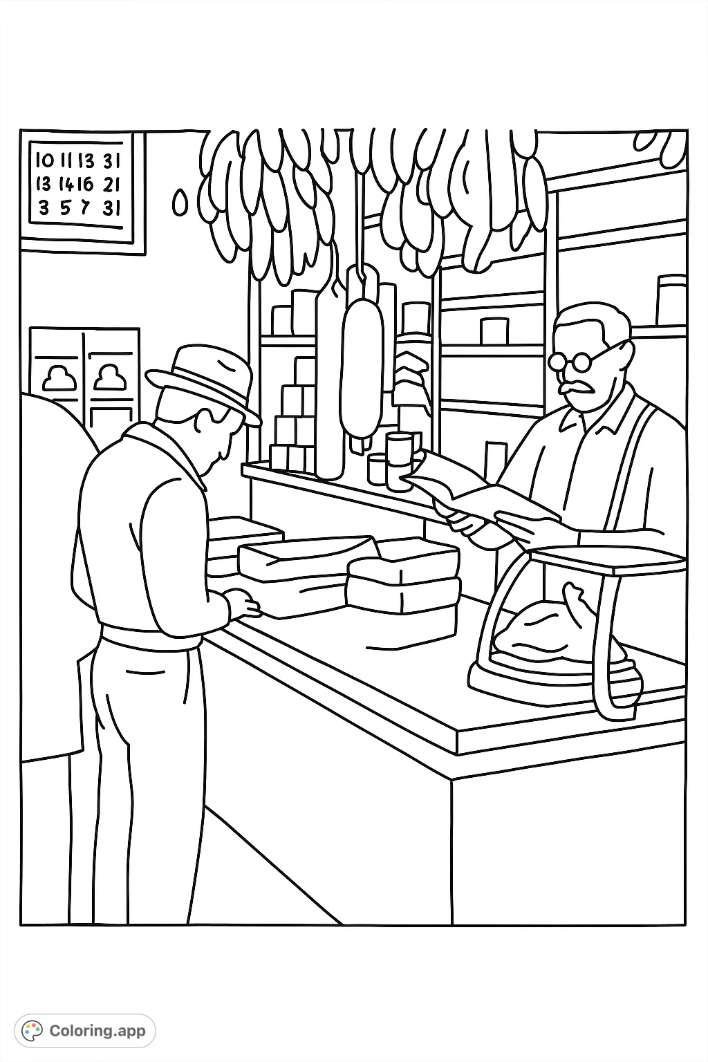 Step back in time with this vintage general store coloring page. Features a shopkeeper and customer, detailed counter, and hanging goods for a nostalgic experience.