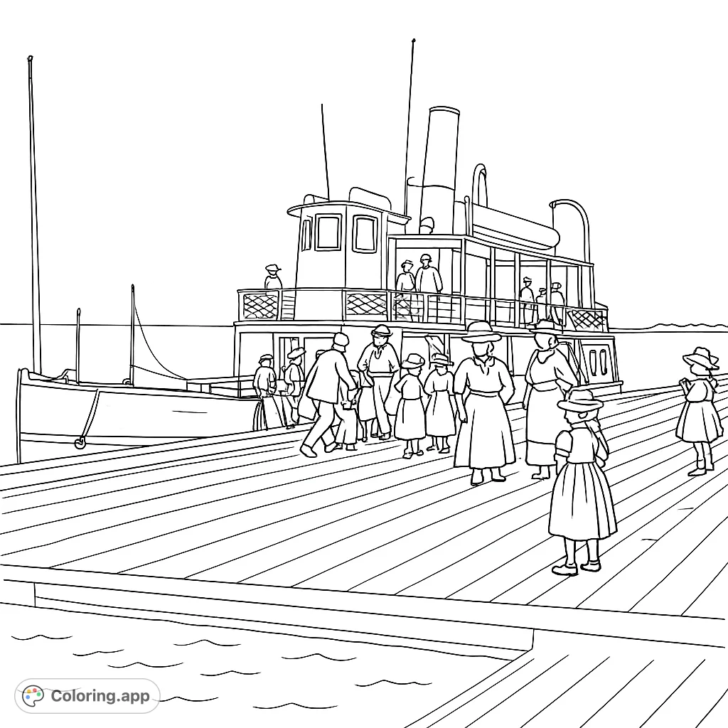 Pier Colouring In Vintage Steamboat Pier Scene - Coloring.app