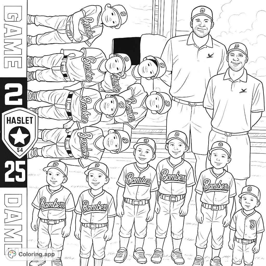 A cheerful youth baseball team, including players and coaches, stands proudly in their uniforms. Perfect for sports fans to color and celebrate team spirit.