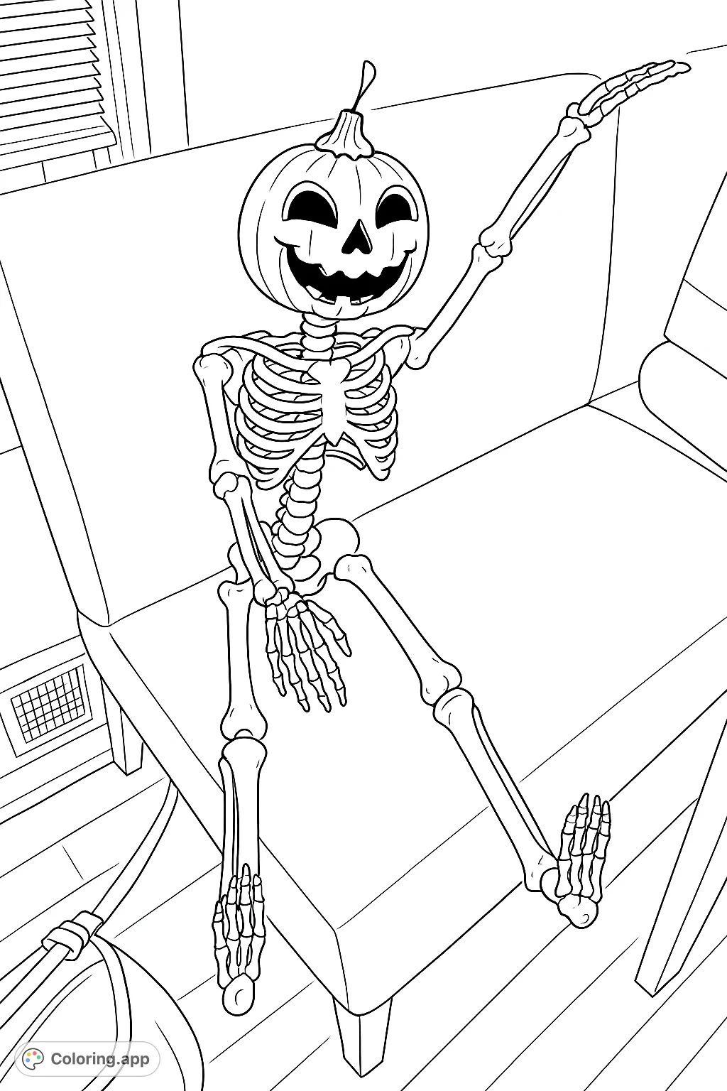 A playful pumpkin-headed skeleton sits casually on a couch, ready for Halloween fun. Perfect for spooky season coloring and creative expression.
