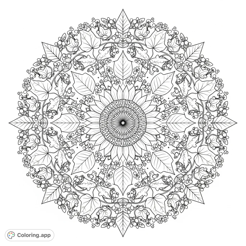 Discover a complex botanical mandala coloring page featuring a stylized sunflower at its core, surrounded by intricate patterns of leaves and blossoms.