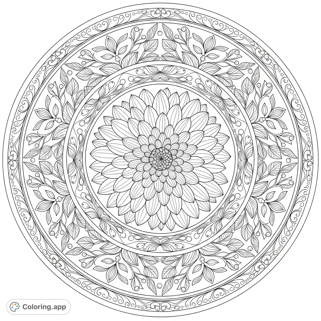 Immerse yourself in an elaborate celestial garden coloring page, featuring a spiraling dahlia at its heart, surrounded by intricate floral patterns and flowing lines.