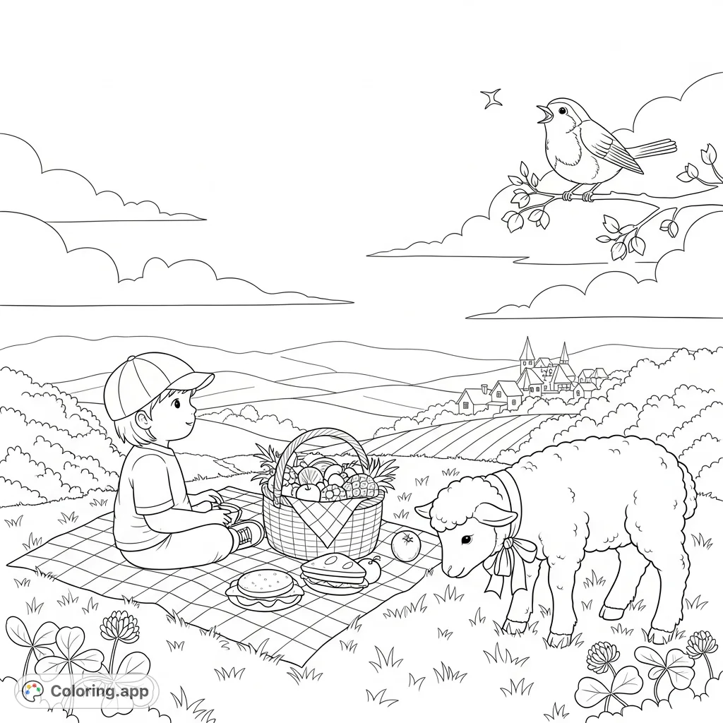 A delightful picnic scene featuring a child, a fluffy lamb, and a singing robin. Perfect for a peaceful and charming coloring experience.