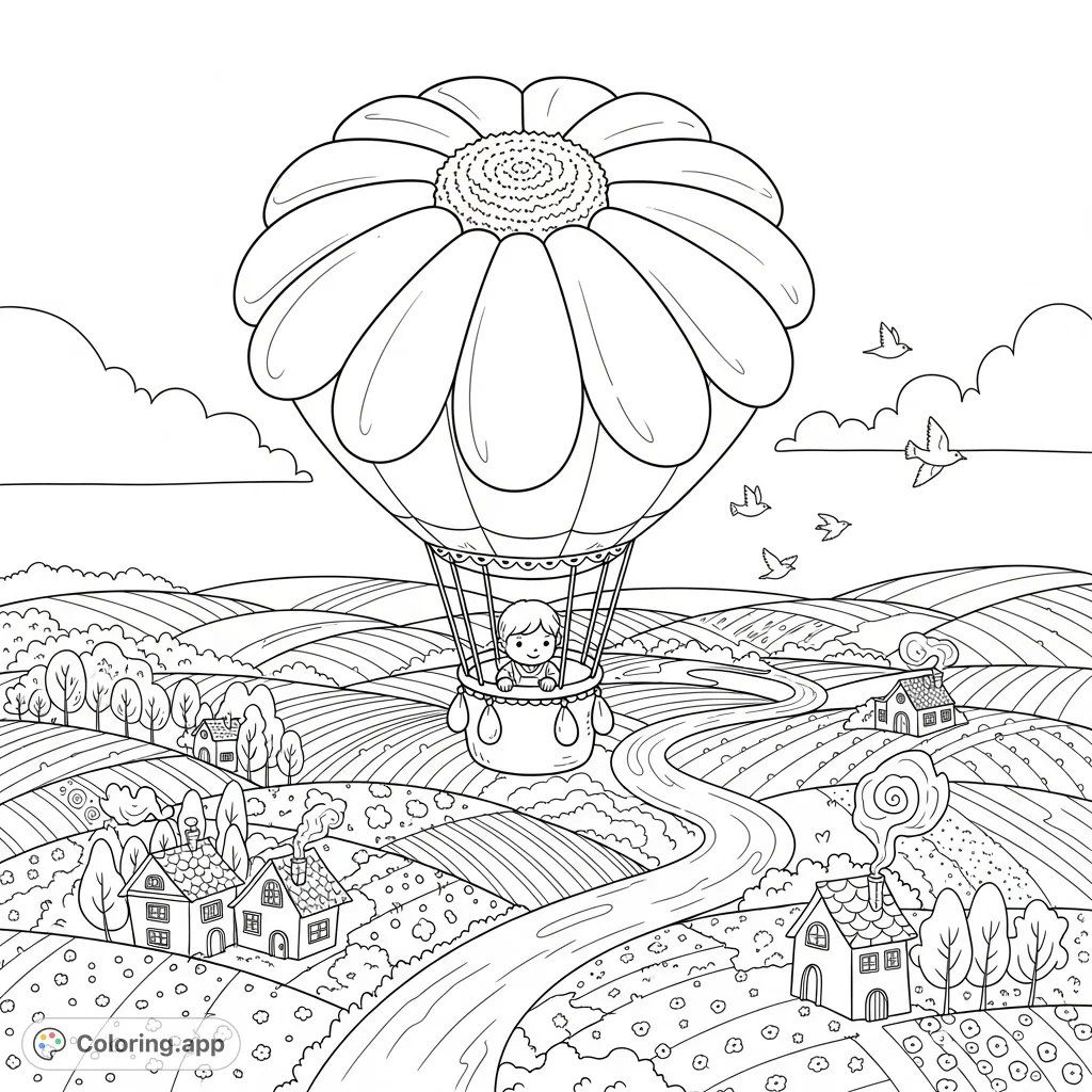 A delightful daisy-shaped hot air balloon carries a child over a charming patchwork landscape with tiny houses, winding rivers, and flying birds. A whimsical scene for all ages.