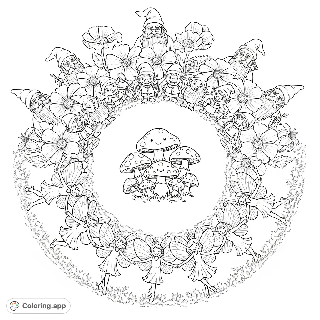 Discover a magical fantasy coloring page featuring a circular design of dancing fairies, peeking gnomes and elves, and wise wizards observing tiny smiling mushrooms.