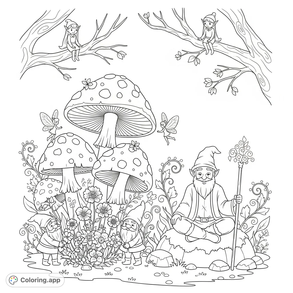 Explore a magical forest clearing teeming with fairies, gnomes, elves, and a wise wizard. A detailed fantasy scene for imaginative coloring.