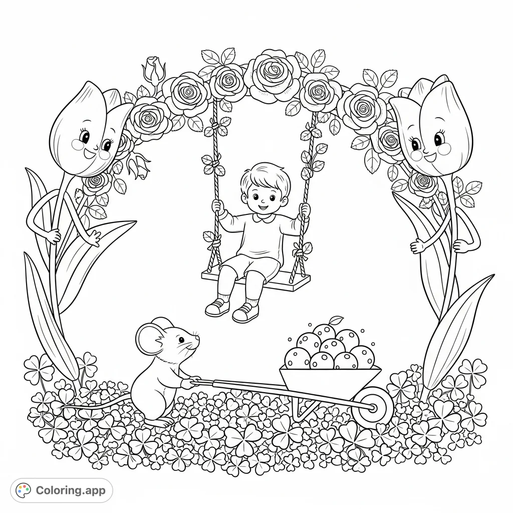 Discover a whimsical enchanted garden coloring page featuring a child on a rose vine swing, cheerful tulips, and a mouse with berries. A magical scene!