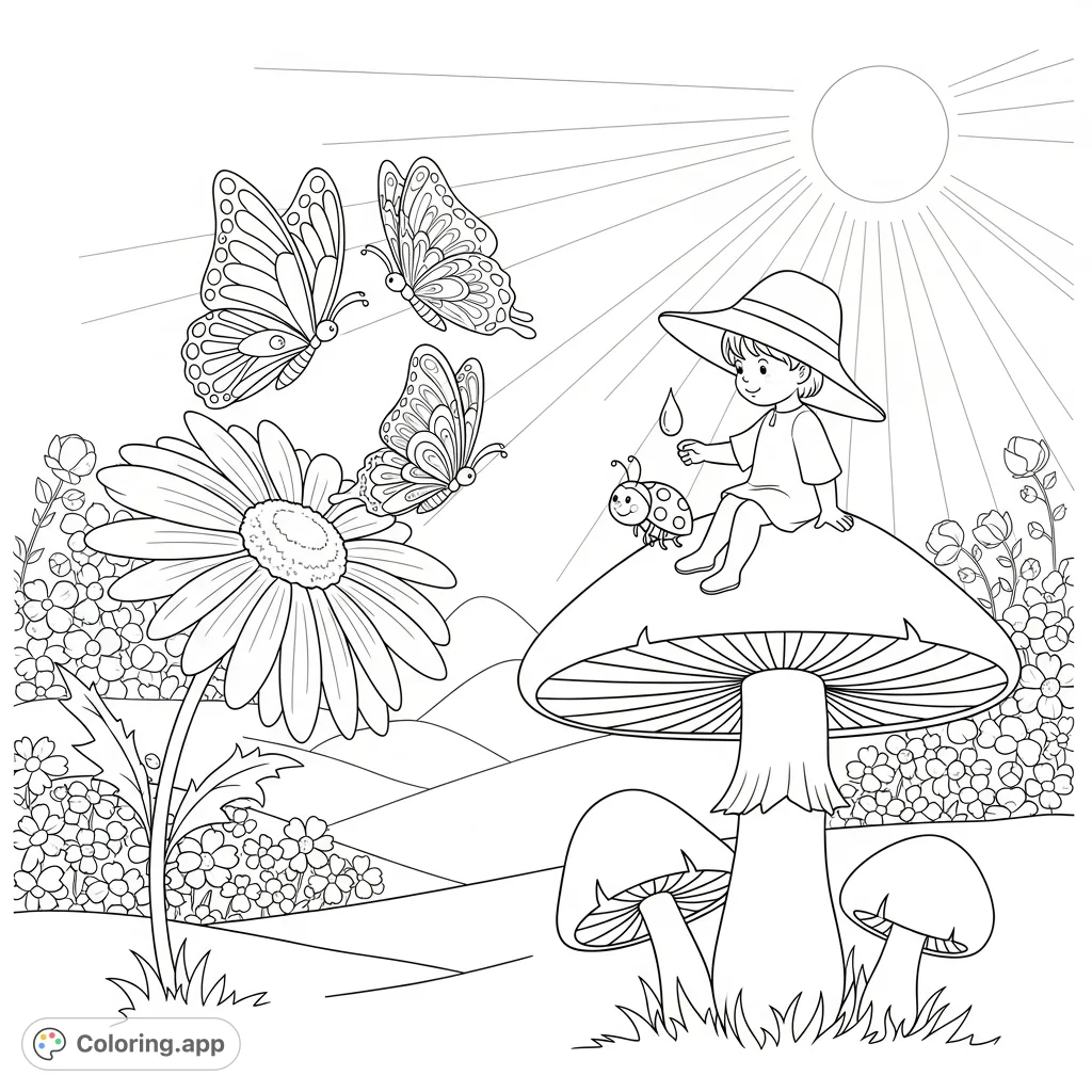 Discover a whimsical enchanted garden coloring page featuring a child on a giant mushroom, a friendly ladybug, and fluttering butterflies amidst wildflowers.
