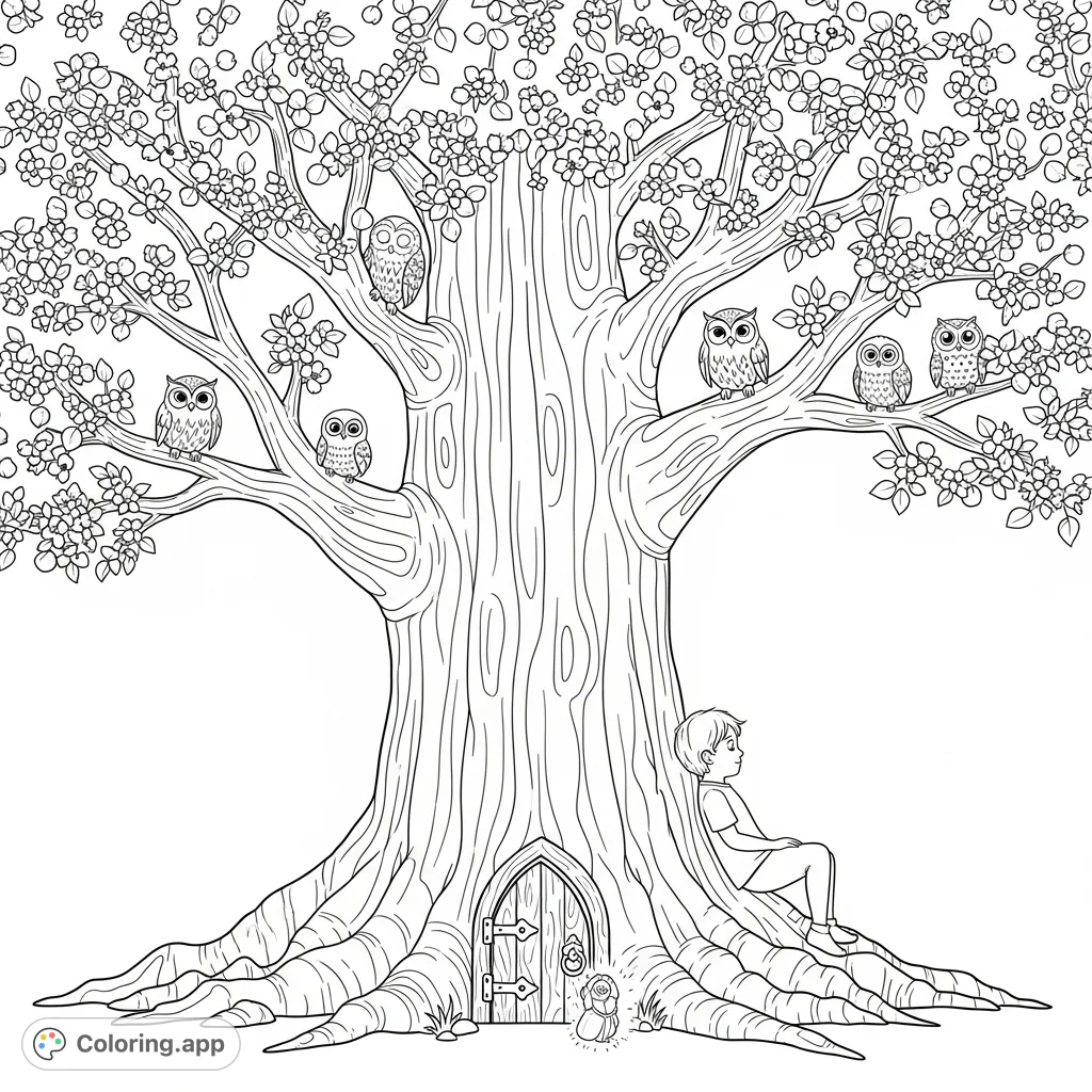 Discover a magical world with a child leaning against an ancient tree, friendly owls, and a glowing secret door. A captivating nature coloring page.