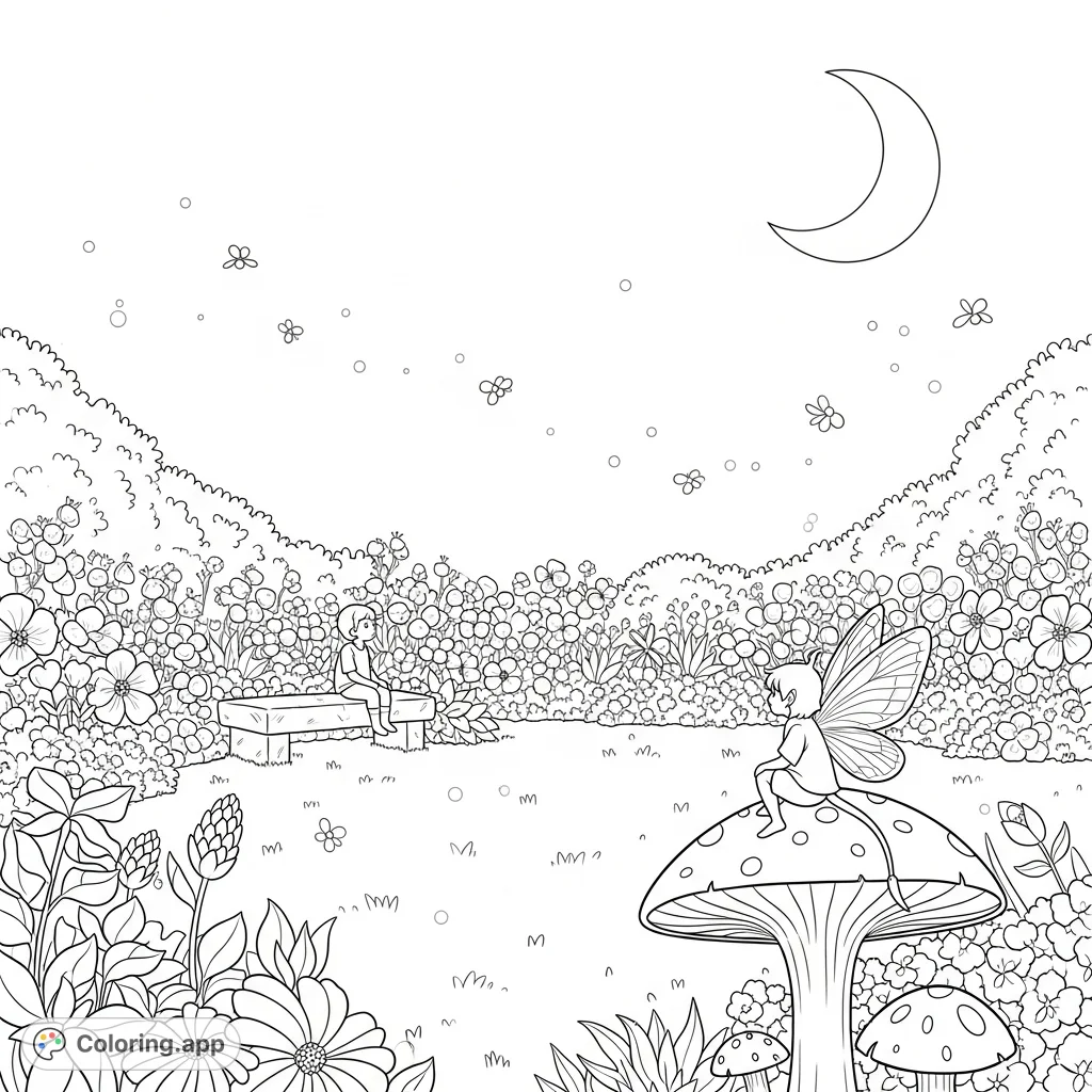 Discover a magical garden at twilight, where a child watches luminous fireflies dance around a delicate sprite on a glowing mushroom under a crescent moon.