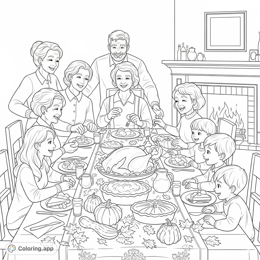 A heartwarming family gathering around a bountiful dining table, complete with a roasted turkey, pies, and a cozy fireplace. Perfect for celebrating togetherness.