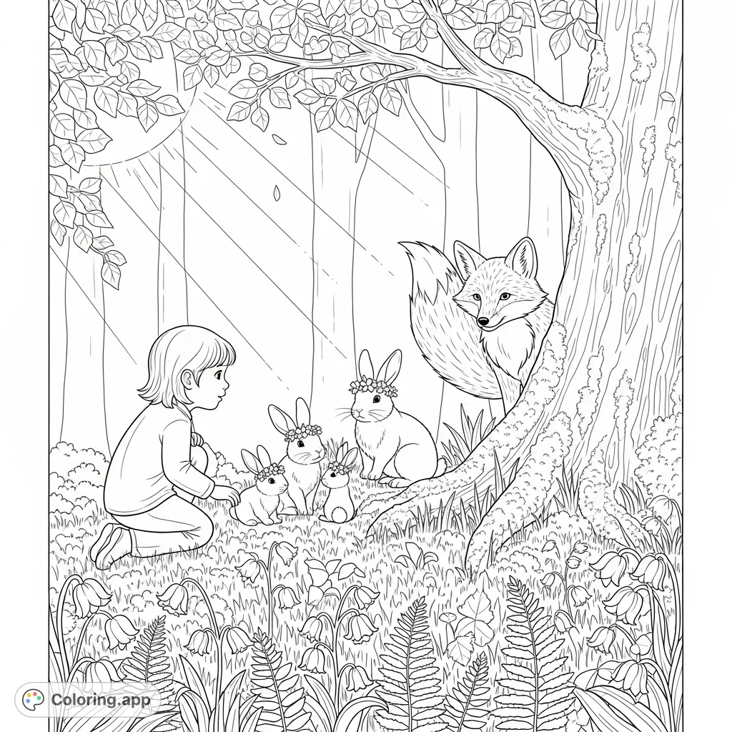 Explore a charming forest scene where a curious child observes a family of rabbits in flower crowns, while a friendly fox peeks from behind a tree.