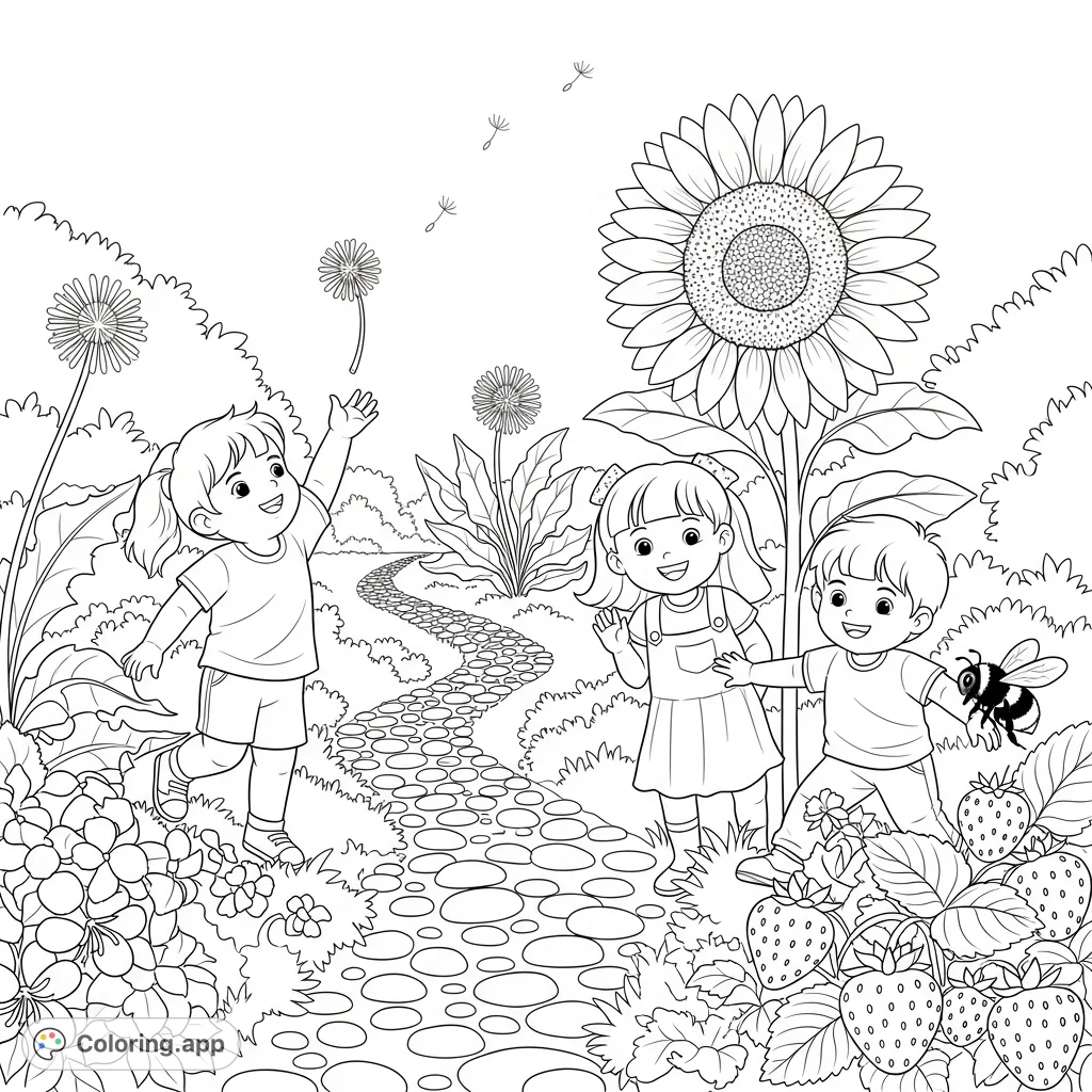 A delightful spring garden scene featuring three giggling children interacting with nature: catching dandelion seeds, peeking from sunflowers, and chasing bumblebees.