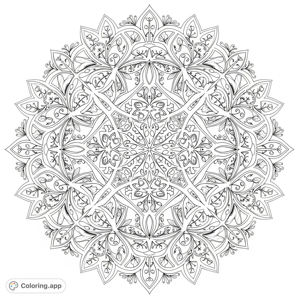 Explore a complex circular floral pattern with interlocking abstract shapes and delicate botanical details, perfect for a meditative coloring experience.