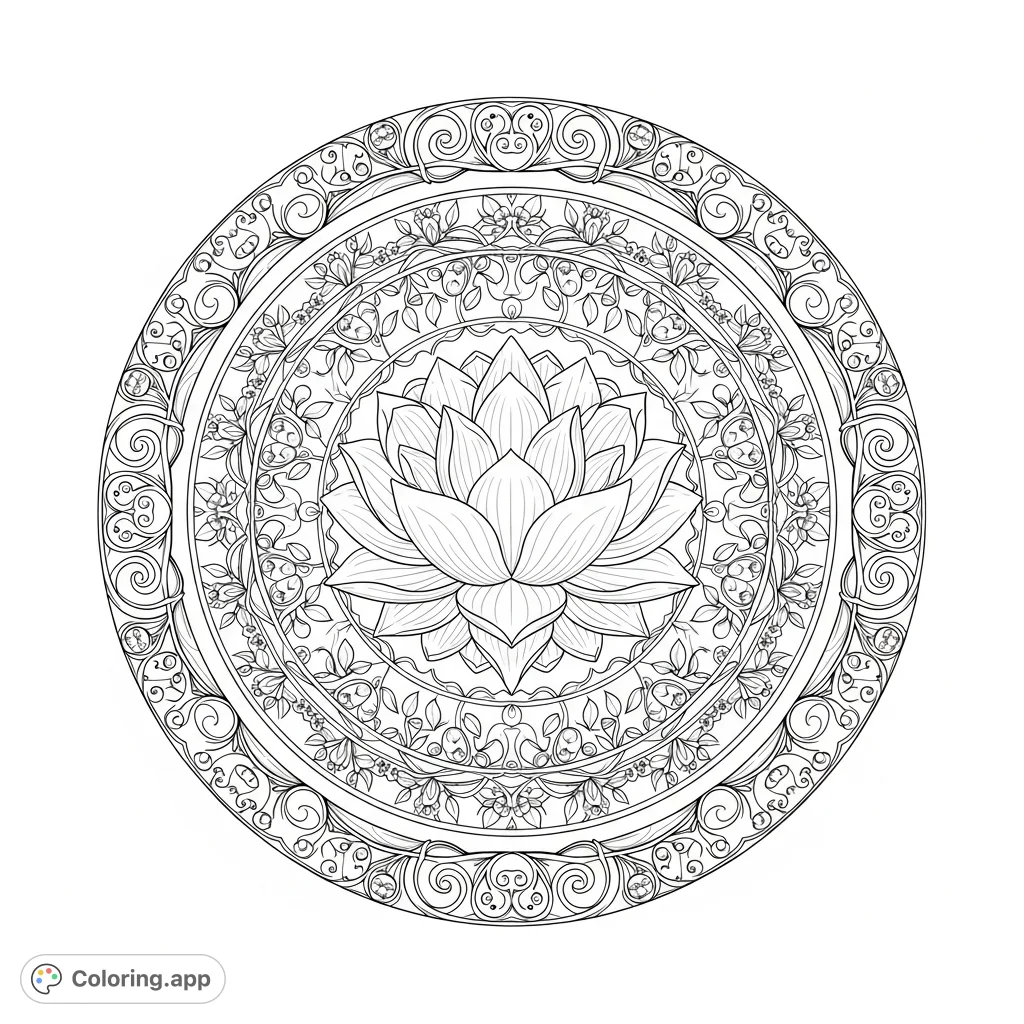 Discover a captivating mandala coloring page featuring a central blooming lotus surrounded by intricate layers of symmetrical vines, leaves, and delicate floral patterns.
