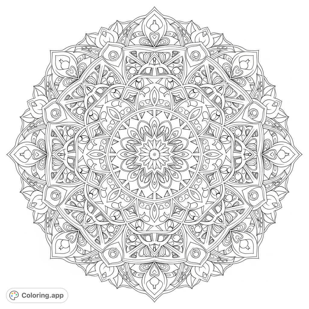 Explore a perfectly symmetrical circular mandala, featuring intricate geometric shapes, delicate floral motifs, fine lines, and complex patterns radiating from its center.