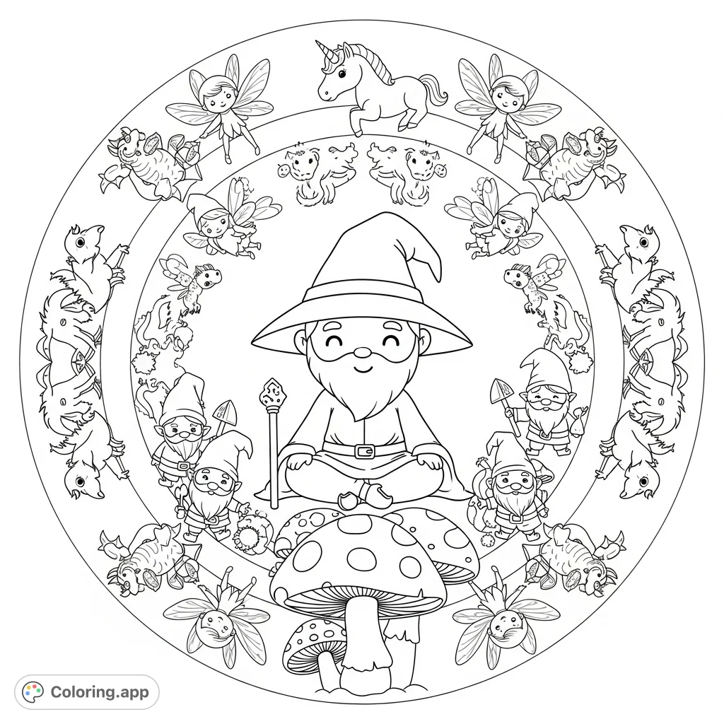 A delightful kawaii wizard sits amidst enchanting concentric rings, featuring adorable gnomes, playful fairies, and mystic creatures in a whimsical, symmetrical design.