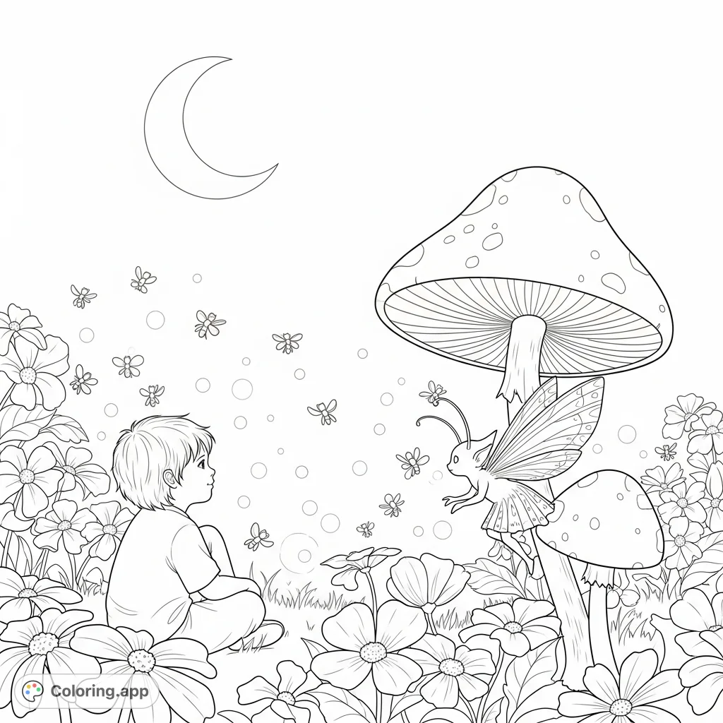 A serene garden scene at dusk, featuring a child, a swarm of fireflies, night-blooming flowers, and a hidden sprite, perfect for a magical coloring experience.
