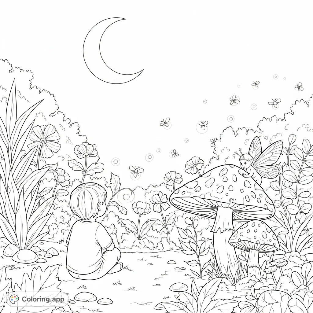 A magical garden scene at dusk, featuring a child, glowing fireflies, night-blooming flowers, and a shy sprite peeking from behind a mushroom. Perfect for imaginative coloring.
