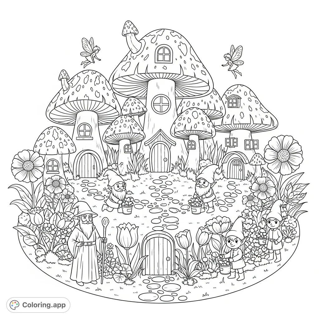 Explore a magical forest village with charming mushroom homes, flitting fairies, busy gnomes and elves in fantastical gardens, and a benevolent wizard. A delightful scene for all ages.