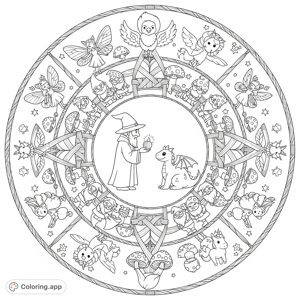 Explore a magical tapestry world featuring a kindly wizard, a tiny dragon, cheerful gnomes, graceful fairies, and mystic animals in an intricate, symmetrical design.