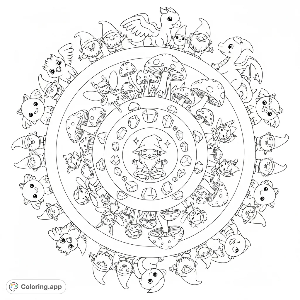 Explore a multi-layered magical realm coloring page featuring a meditating wizard, dancing fairies, and a parade of kawaii mystic animals and gnomes.