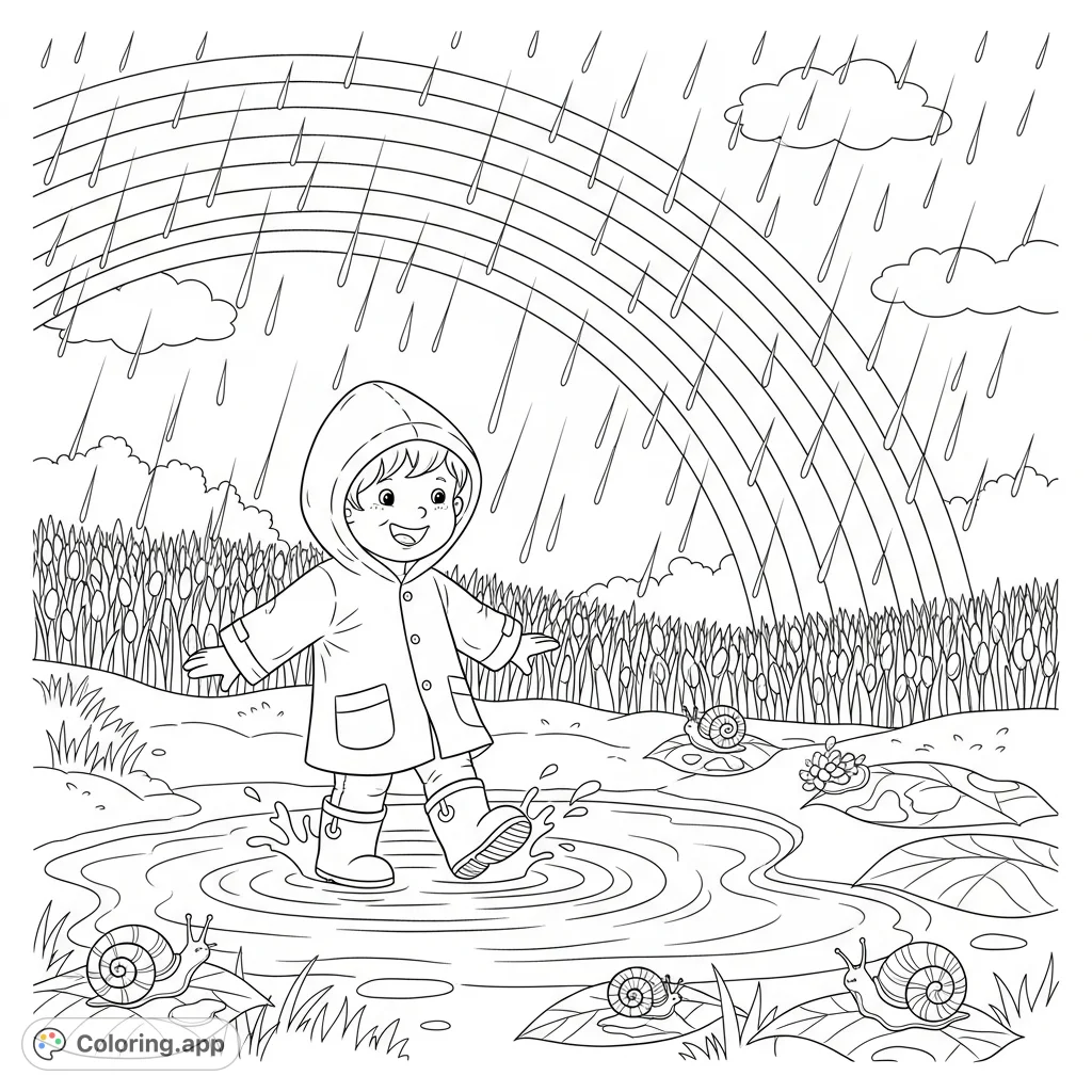 A child in a raincoat splashes happily in a puddle under a gentle spring shower, with a rainbow arching overhead and tiny snails on wet leaves.