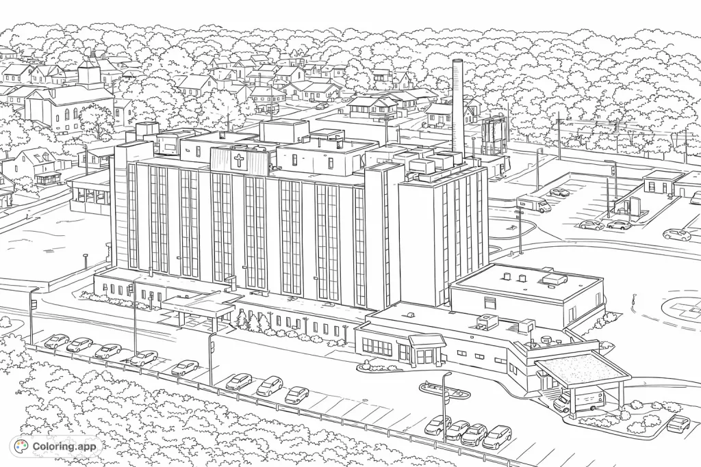 Detailed aerial view of a large hospital building with surrounding grounds, parking lots, and residential neighborhood. A comprehensive urban landscape scene.