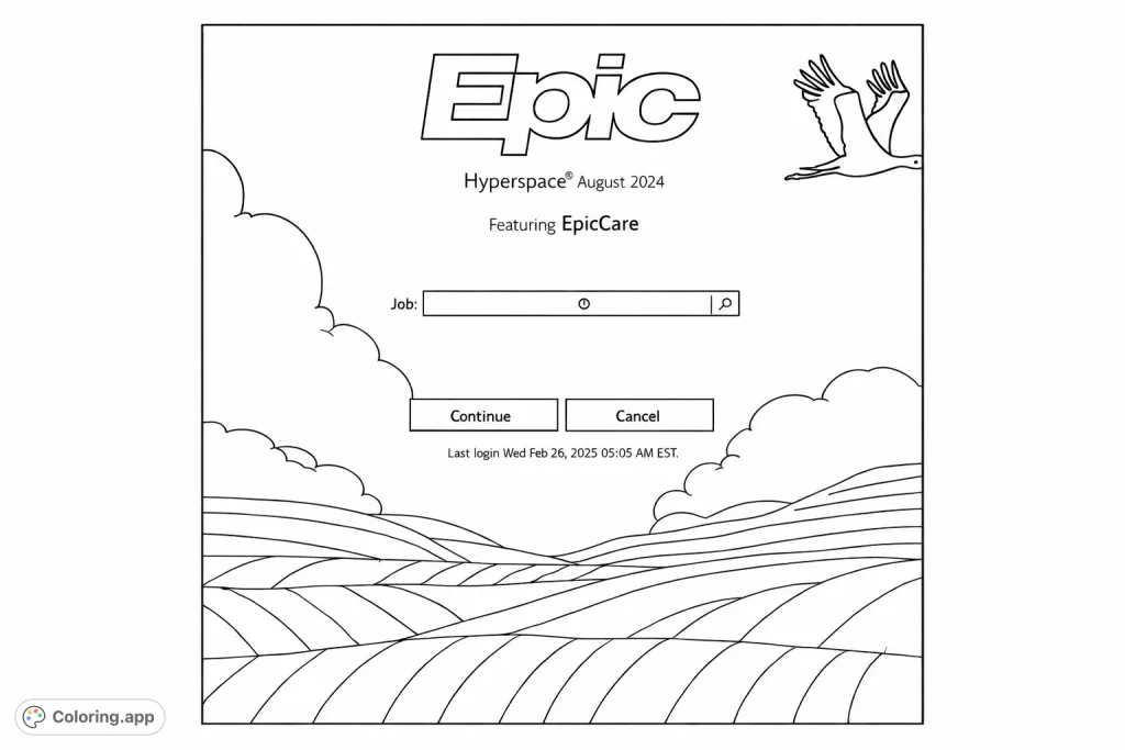 A detailed coloring page of a medical software login screen featuring the 'Epic' logo, user interface elements, and an abstract landscape with a flying bird.