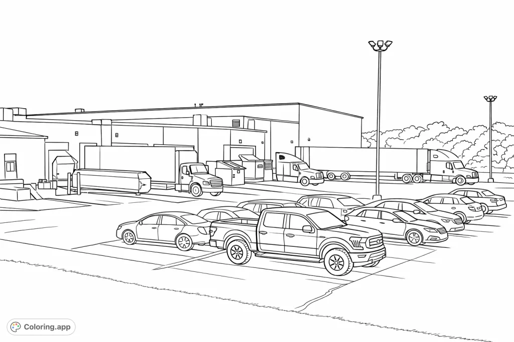 Explore a detailed industrial parking lot bustling with a variety of vehicles and a large building. Perfect for those who enjoy urban landscapes.