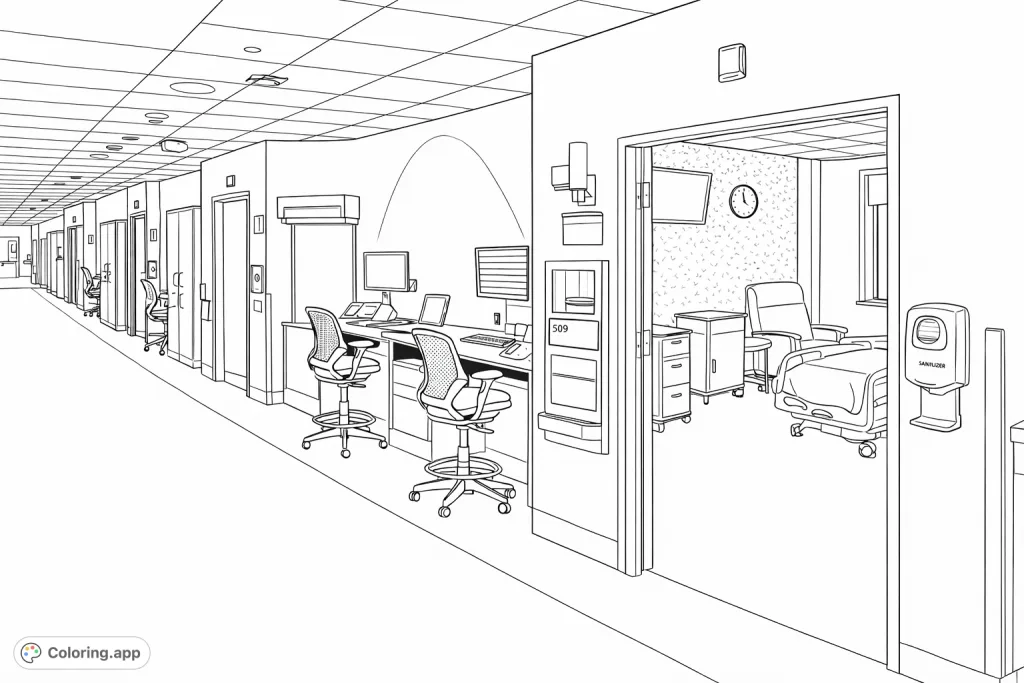 Explore a modern hospital hallway with detailed workstations and a patient room. A realistic healthcare scene for mindful coloring.