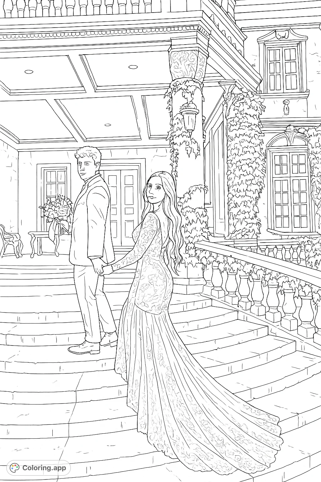 An elegant couple descends grand stone stairs, hand-in-hand, against a backdrop of an ornate, vine-covered mansion. A romantic scene awaiting your creative touch.