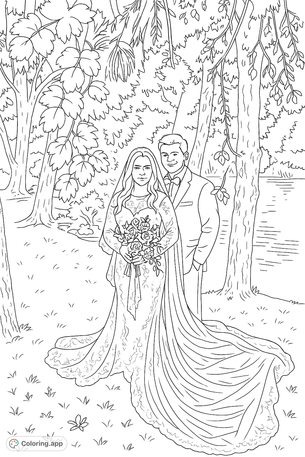 A beautiful wedding couple stands by a serene lake, surrounded by lush trees. Intricate lace gown and a flowing veil add elegance to this romantic scene.